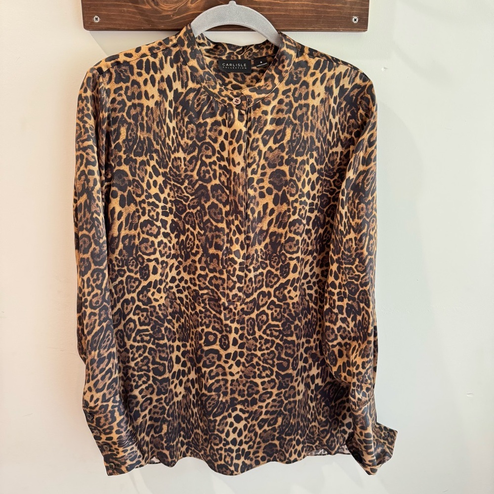 Carlisle Collection Silk Leopard Print Blouse Band Collar Hidden Button Top 8